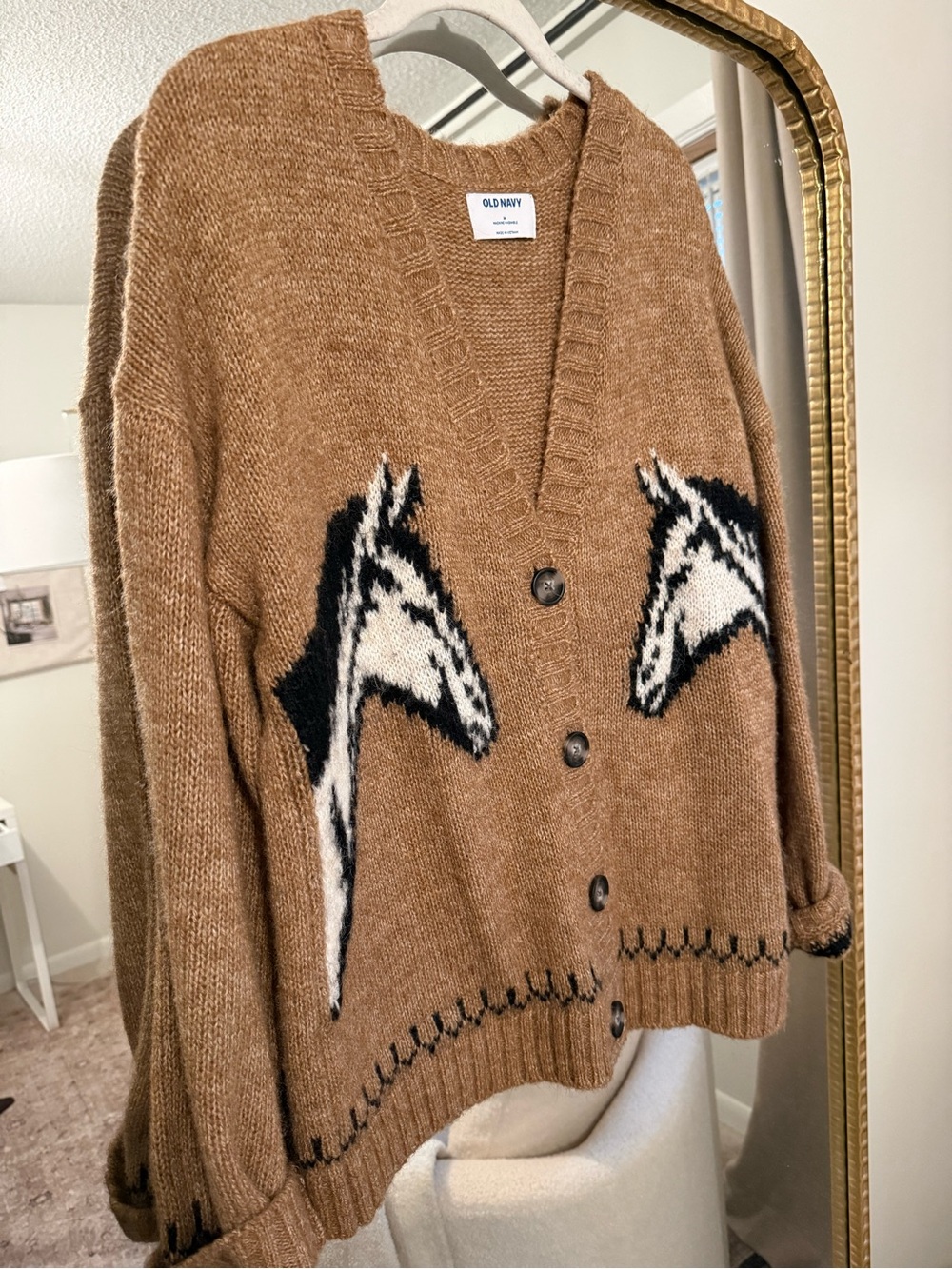 Old Navy Camel Button-Front Horse-Graphic Cardigan